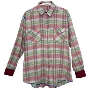 Arnold Zimberg Size Large Shirt Button Mens Lightweight Pink Green Plaid Cotton